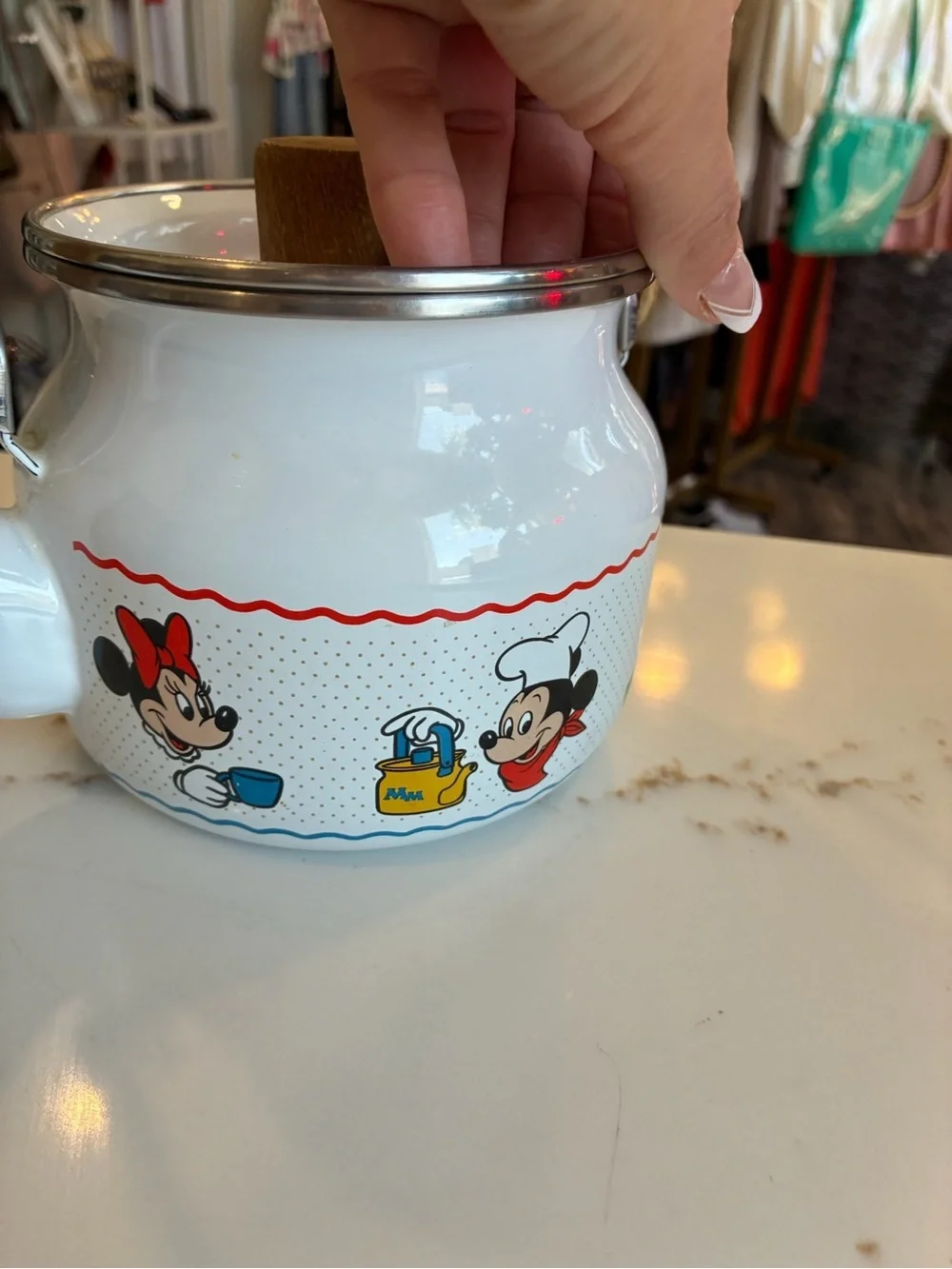 Disney Cartoon-Print Enamel Teapot with Wooden Handle vintage